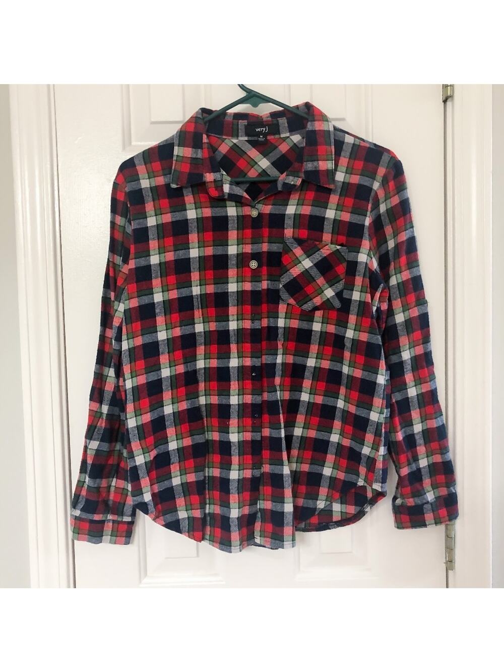 VERY J • Red + Green Plaid Flannel Button Down Shirt